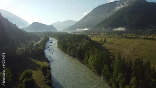 Aerial view of mountain river Katun in Altai region. River flowing through mountains in summer.  photo