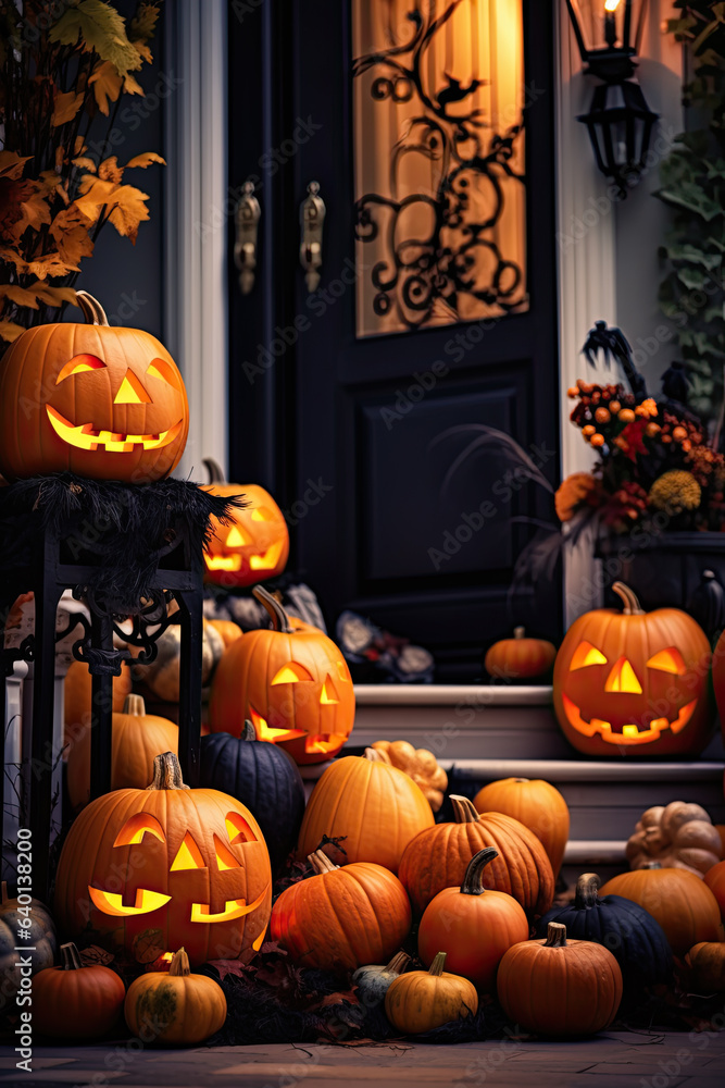 Obraz premium halloween porch decorated with halloween pumpkins and other decorations