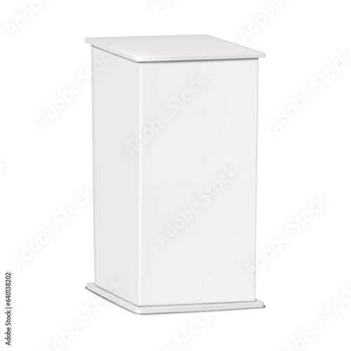 White exhibition plinth realistic vector mock-up. Blank trade show pedestal podium display stand mockup