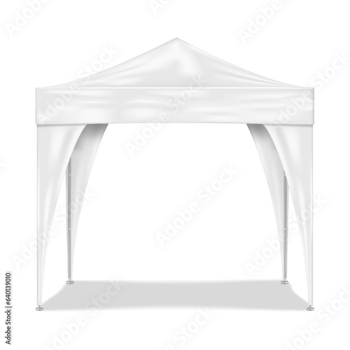 Blank white canopy tent with leg covers realistic vector mockup. Camping gazebo with aluminum metal frame mock-up. Outdoor summer event portable booth template