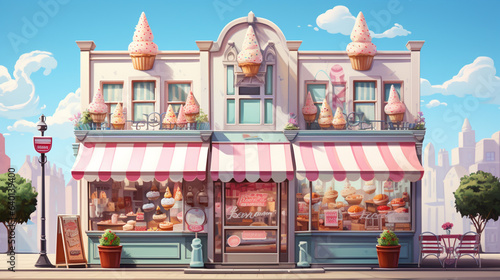 Ice cream shop building facade pink fantacy illustration.