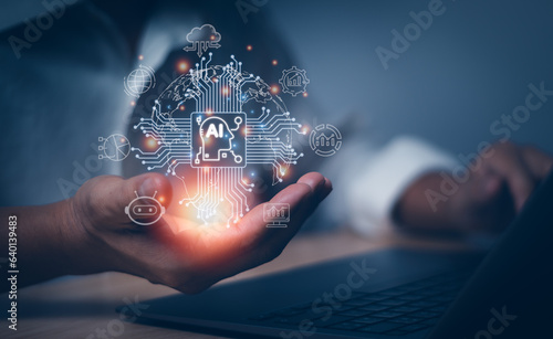 Man\'s hand showing AI technology artificial intelligence for working assistant , concept of intelligent technology (Ai) or technological innovation of the future, digital transformation.