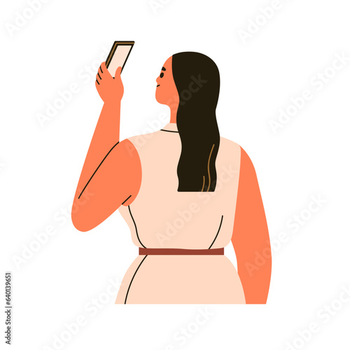 Woman holding mobile phone, taking photo, picture. Happy girl using smartphone for photograph. Person with cellphone, cell gadget in hand. Flat vector illustration isolated on white background