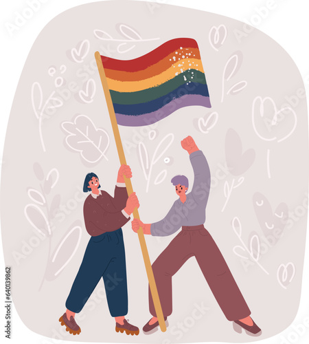 Vector illustration of LGBT group of young people celebrating gay pride day holding rainbow flag together. Homosexual community smiling taking cheerful self portrait. Lesbian couple friends