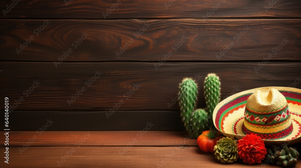 Cinco de Mayo holiday background with Mexican cactus and party sombrero hat on wooden table.