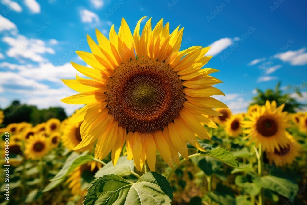 Horizontal photograph of sunflowers in spring as wallpaper with blue sky Generative AI