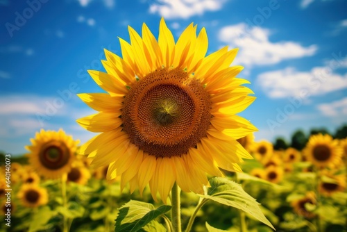 Horizontal photograph of sunflowers in spring as wallpaper with blue sky Generative AI