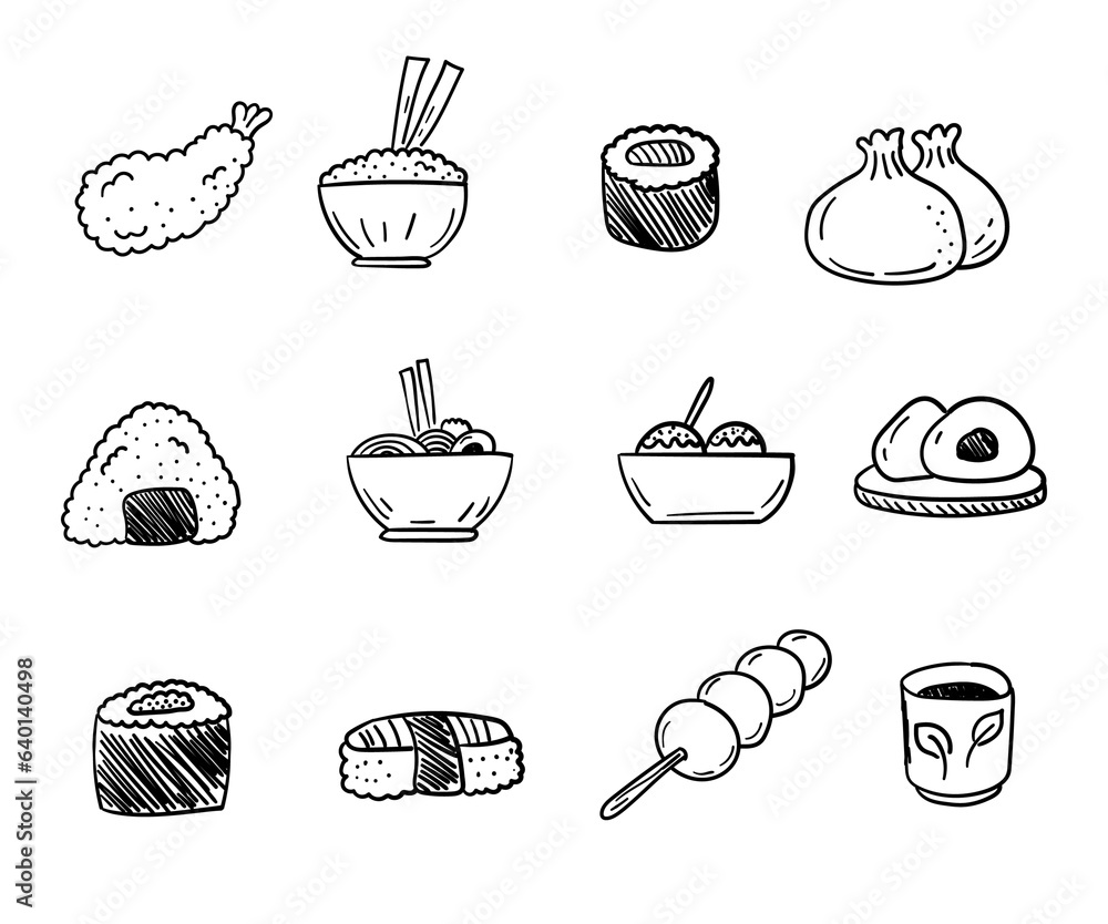 Set of Japanese foods vector illustration with cute handdrawn style