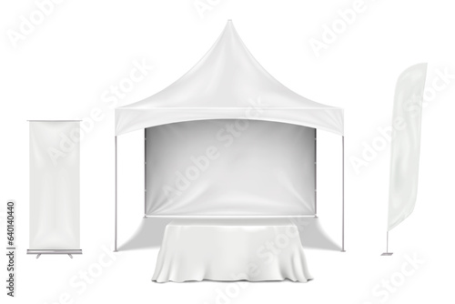 Exhibition set template. Blank white gazebo canopy tent, table covered with tablecloth, feather flag, roll-up retractable banner stand. Vector mock-up. Business trade show mockup kit