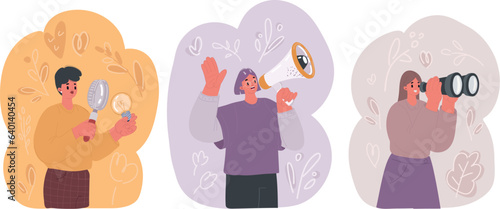 vector illustration of Woman female Characters Holding Big Lightbulb, Binocular, Magnifying Glass and Megaphone