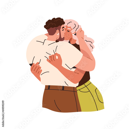 Passionate love couple. Young hot sexy man and woman kissing with passion. Valentines, romantic enamored people, aroused lovers foreplay. Flat vector illustration isolated on white background