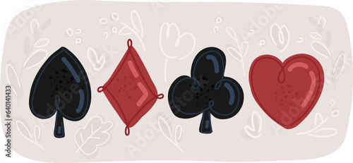 Vector illustration of Set of playing card suits Cart suit set. Clubs, hearts, diamonds, spades
