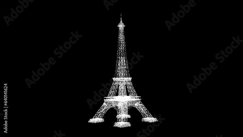 Fototapeta Naklejka Na Ścianę i Meble -  3D Eiffel Tower on black bg. Business advertising backdrop. For title, text, presentation. 3d animation.