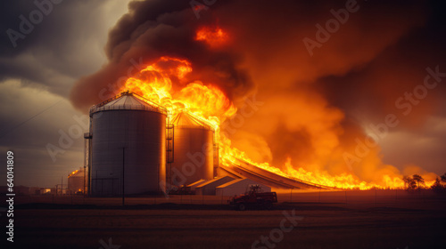 Fire at Modern Granary elevator. Silver silos on agro-processing and manufacturing plant for processing drying cleaning and storage of agricultural products, flour, cereals and grain.