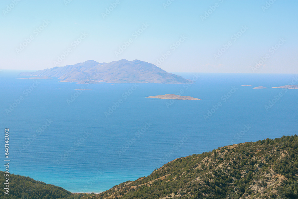Coastal view of a Makri island, one of the Echinades, in the Ionian Islands group seen from Rhodes Island 