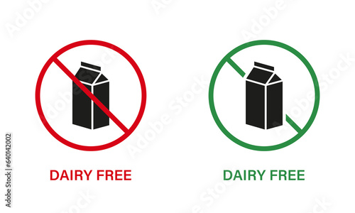 Dairy Free Silhouette Icon Set. Dairy Stop Sign, Only Healthy Food. Cow Milk Lactose Forbidden Symbol. Free Dairy Diet Logo. No Lactose, Allergy Ingredient. Isolated Vector Illustration