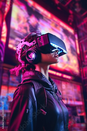 A futuristic woman dressed in a vibrant magenta and purple costume stands boldly wearing a cutting-edge virtual reality headset, showcasing the power of technology