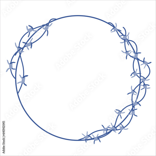 Barbed wire wreath fence border illustration. Round frame with sharp thorns of barbwire barrier zone. Protection and security concept. Vector illustration.
