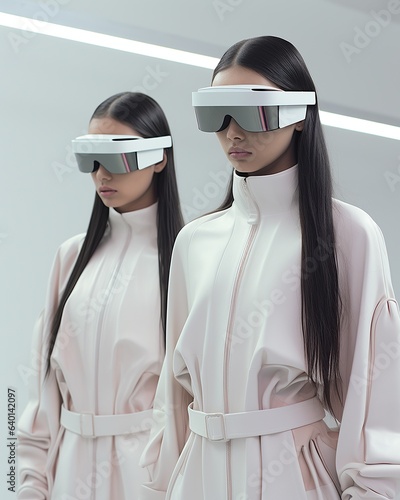 Two stylish women clad in futuristic fashion boldly embrace the cutting-edge technology of virtual reality with their sleek white and black goggles photo