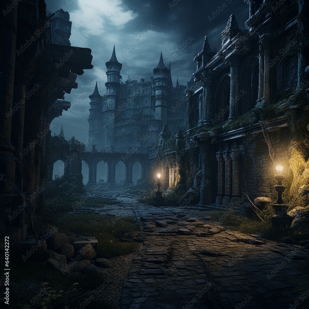 Gloomy Gothic ruins . High quality illustration
