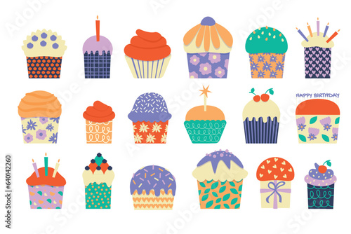 Birthday cupcakes. Cartoon sweet desserts with colorful toppings for celebration, cute kids bakery with muffins and cupcakes. Vector flat collection