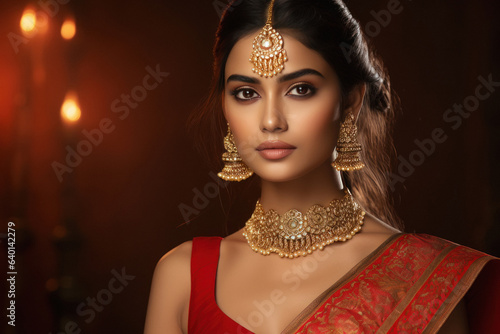 Photo Beautiful Indian woman in traditional saree and jewelry.