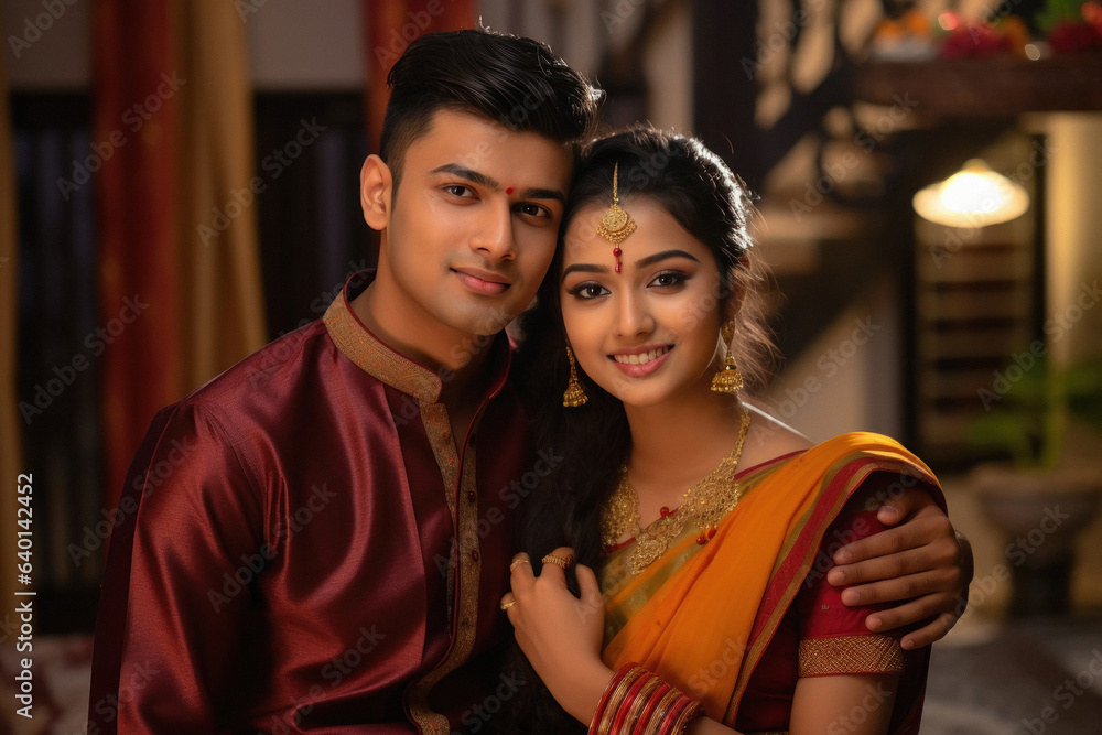 Young indian couple in traditional wear and giving happy expression ...