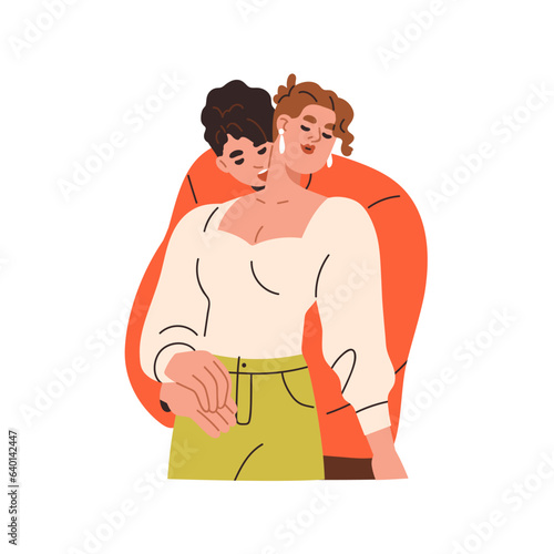 Love couple foreplay, lovers passion. Man kissing girls neck, sexy aroused woman. Sex, arousal, intimacy in romantic relationships. Flat graphic vector illustration isolated on white background