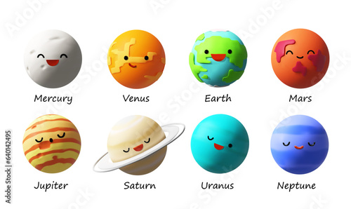 3D render Solar System planets set characters. Realistic vector outer space gas giants Jupiter and Saturn, ice Uranus Neptune, Pluto. Kawaii Mercury, Venus and Earth, Mars. Children education mascots