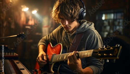 The guy guitarist plays music in the sound studio, the musician sorts out the chords on the bass guitar. Made in AI
