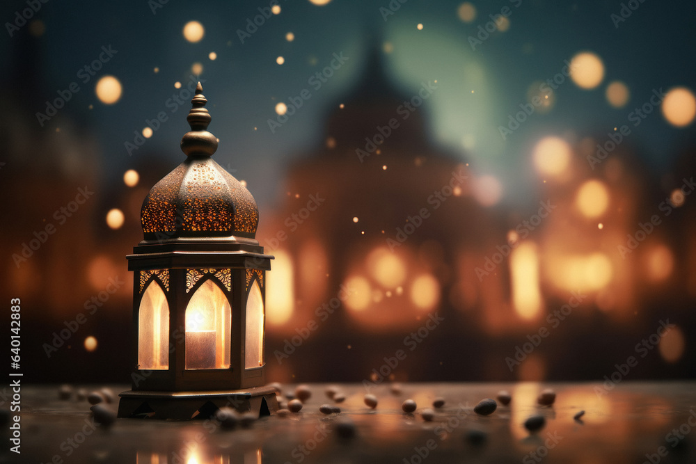 Ornamental Arabic or islamic lantern on light blur bokeh background. Ornamental Arabic or islamic lantern on light blur bokeh background.