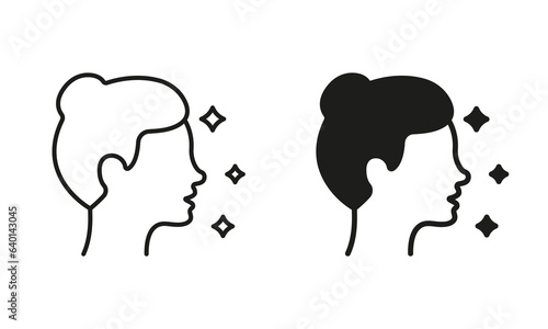Woman Profile with Shine Skin Line and Silhouette Black Icon Set. Lady with Beauty Face and Hairstyle Pictogram. Female Face in Side View Symbol Collection. Isolated Vector Illustration