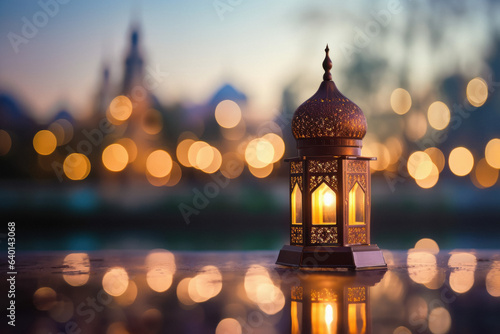 Ornamental Arabic or islamic lantern on light blur bokeh background. © PRASANNAPIX