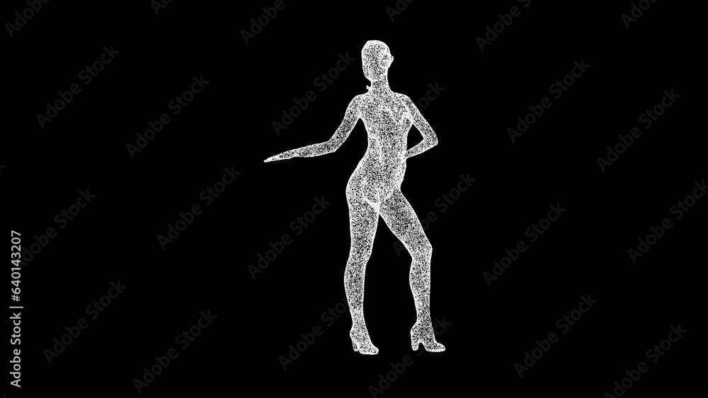 3D Woman dancing salsa on black bg. Sports Fitness concept. Healthy lifestyle. Business advertising backdrop. For title, text, presentation. 3d animation.