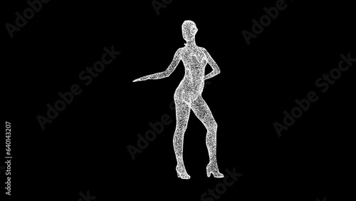 3D Woman dancing salsa on black bg. Sports Fitness concept. Healthy lifestyle. Business advertising backdrop. For title, text, presentation. 3d animation.