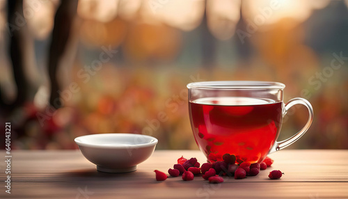 Red fruit tea in teaglass outdoors with copy space