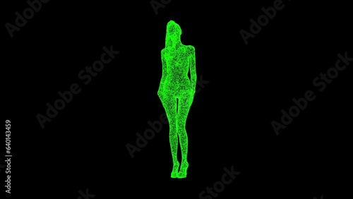 3D Woman in swimsuit on black bg. Relax concept. Summer sea holiday. Business advertising backdrop. For title, text, presentation. 3d animation.