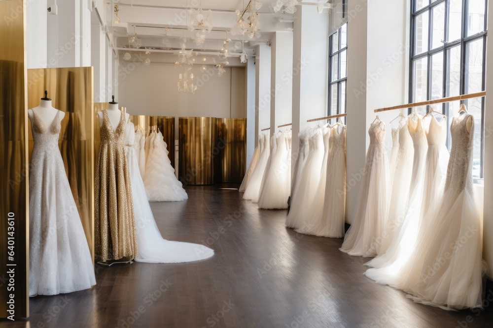 A beautiful and stylish bridal boutique with a minimalist décor featuring windows and chandeliers displaying rows of bridal gowns.