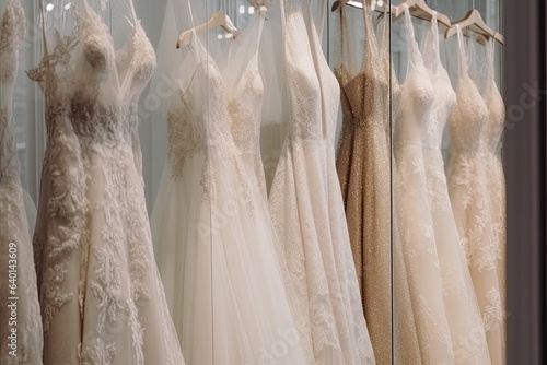 Elegant wedding dresses are displayed on hangers in a contemporary boutique.