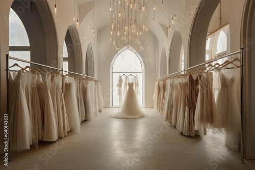 Luxurious and elegant bridal boutique with wedding dresses hanging on hangers Fototapeta