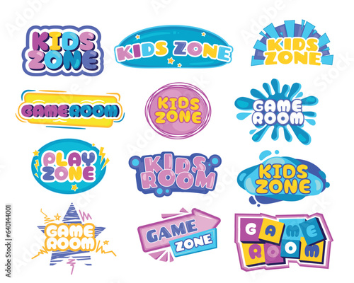 Kids entertainment emblem. Cartoon colorful childish decorative elements for kindergarten, nursery and child room design. Vector childish logo set