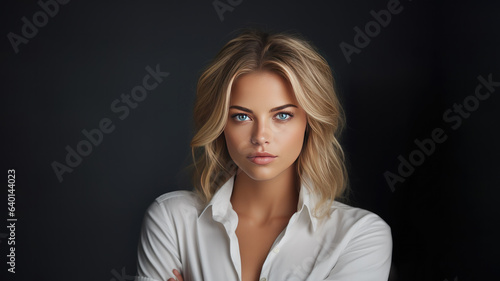 Beautiful Blonde businesswoman looking at camera in black background while wearing office white shirt