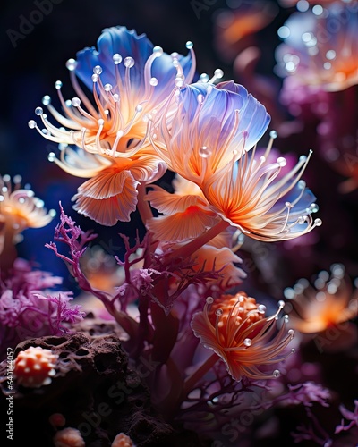 Capture the beauty of underwater coral reefs with a macro shot, using underwater lighting and a vibrant style of artwork to explore the marine biodiversity