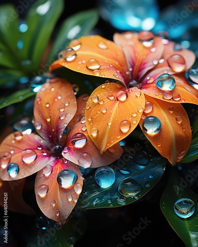 Explore the vibrant colors of a tropical paradise with a macro shot, using a water droplet and a tropical-inspired style of artwork to showcase the beauty of exotic flora © emzee