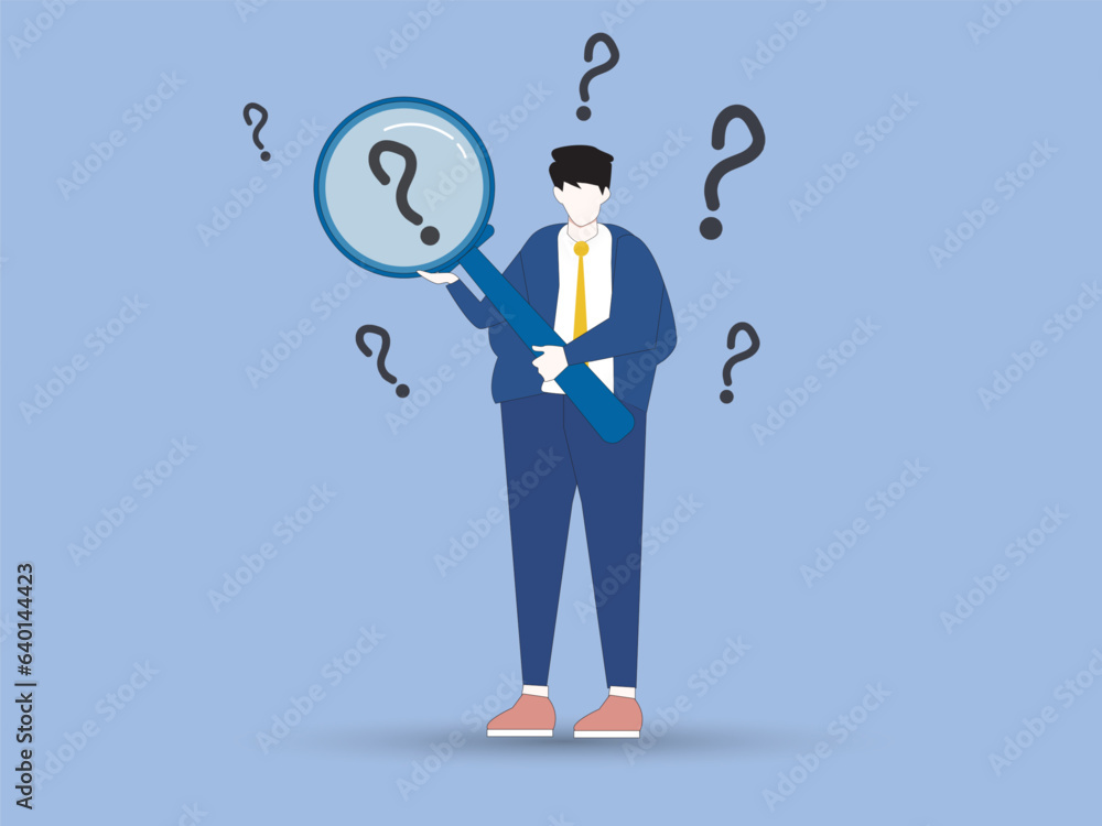 Frequently asked questions, query, investigation concept. Young businessman cartoon character holding magnifying glass and looking through searching for information vector illustration. Frequently asked questions, query, investigation concept. Young businessman cartoon character holding magnifying glass and looking through searching for information vector illustration.