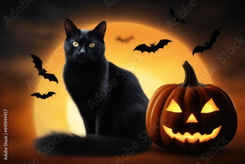 halloween background cat with pumpkin and bats