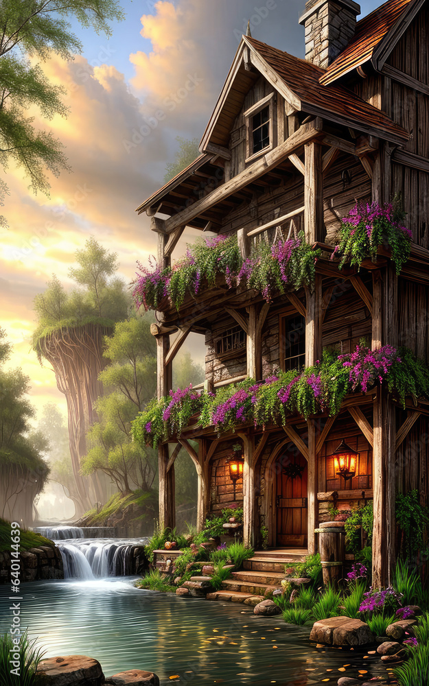 Fantasy concept background of exterior hidden wooden house in the forest