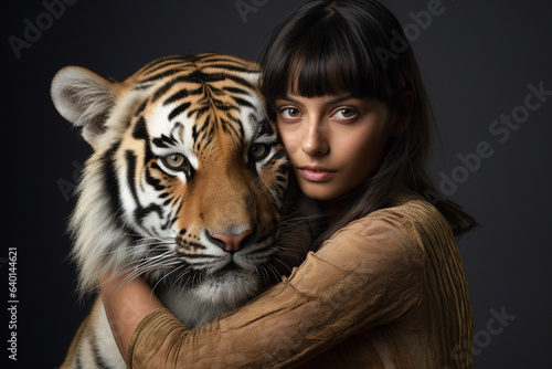 Young woman hugging tiger. Preserve endangered animal. World animal day.