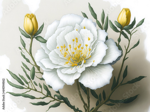 a painting of a white flower with green leaves