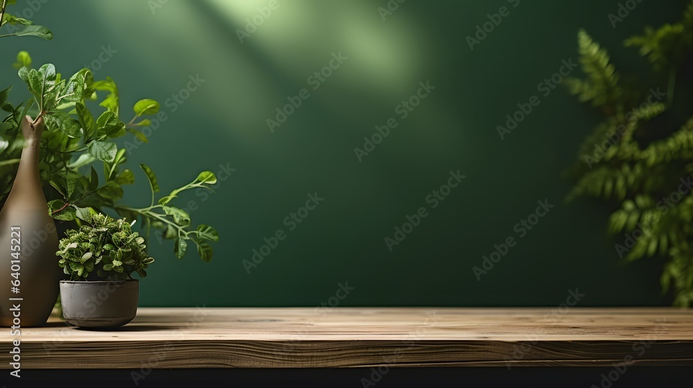 wood table green wall background with sunlight window create leaf shadow on wall with blur indoor green plant foreground.panoramic banner mockup for display of product.eco friendly, AI Generative